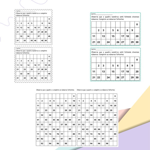 COMPLETAR QUADRO NUMÉRICO - VERSÃO PARA CADERNO