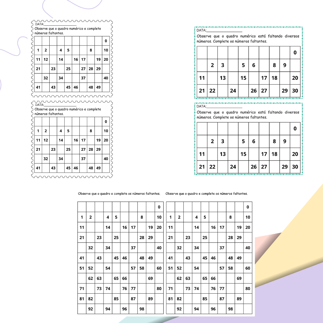 COMPLETAR QUADRO NUMÉRICO - VERSÃO PARA CADERNO